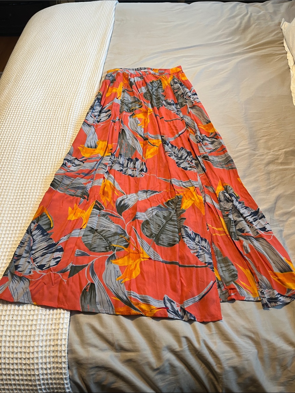Tropical Coral Maxi Skirt with Yellow and Blue Leaf Print